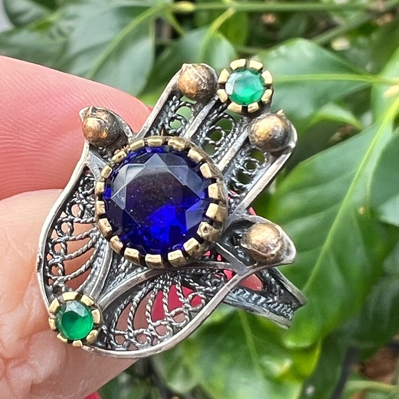 VINTAGE HAMSA VIVID BLUE GREEN PASTE GLASS STONES 925 STERLING SILVER UNIQUE